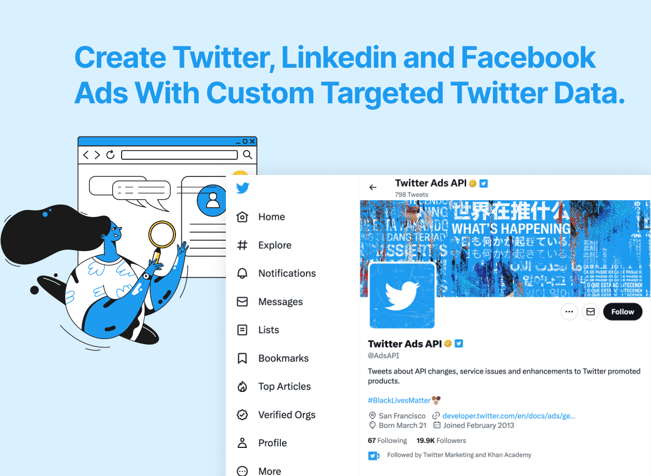 Create Twitter, Linkedin and Facebook Ads With Custom Targeted Twitter Data.
